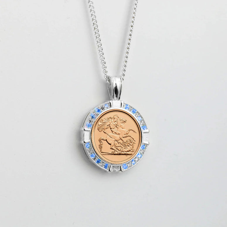 Sterling Silver BLUE CZ Half Sovereign Pendant + Chain