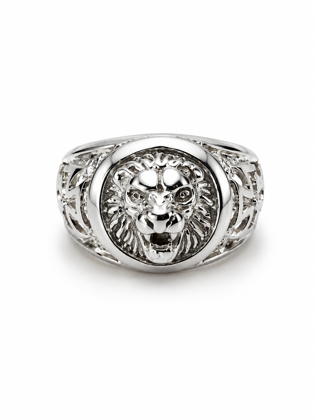 Sterling Silver Lion Face with Perronnee Cross Band Ring