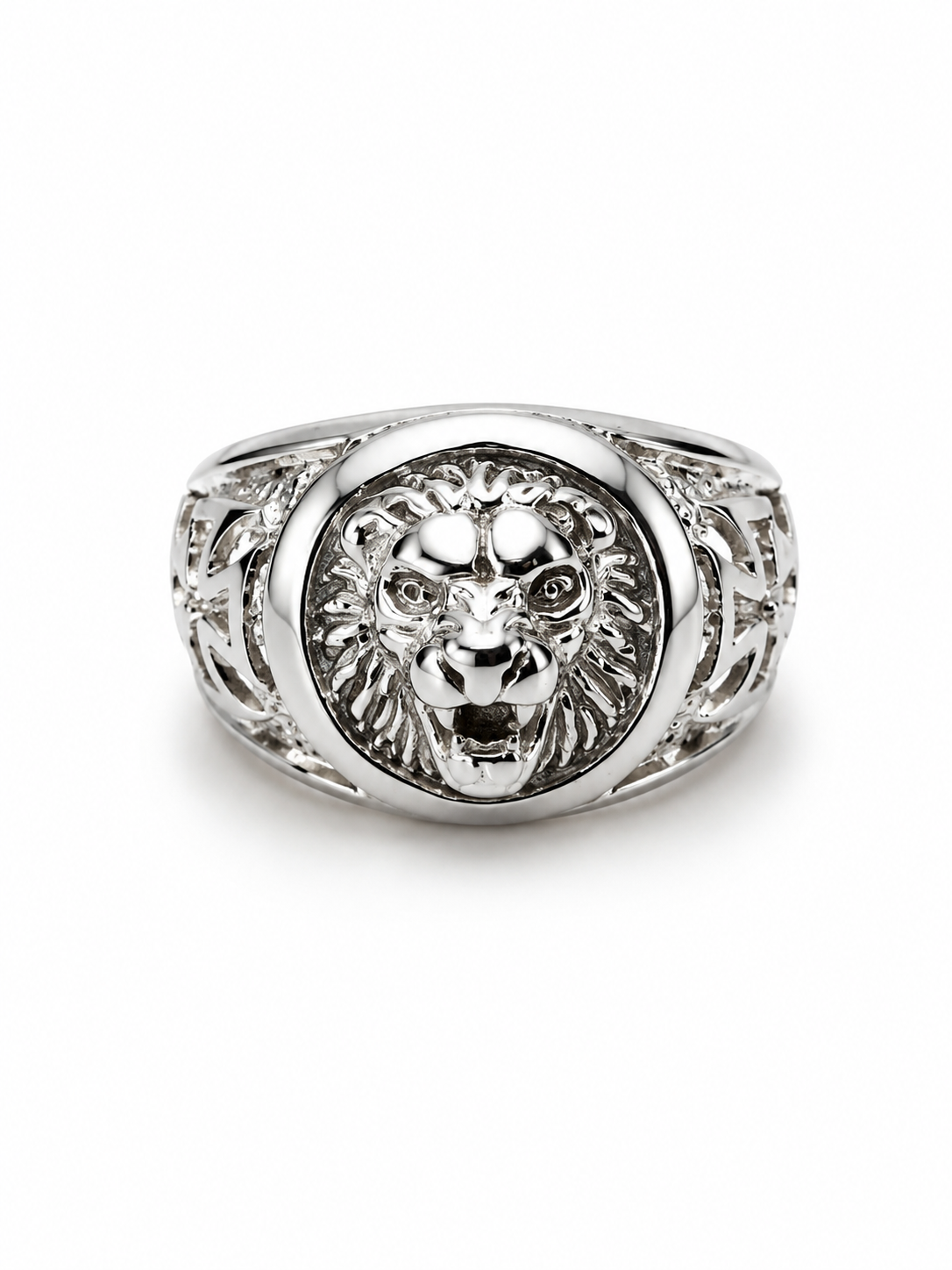Sterling Silver Lion Face with Perronnee Cross Band Ring