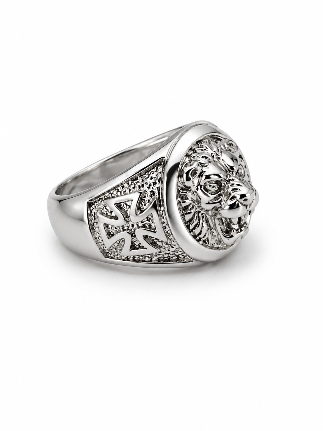 Sterling Silver Lion Face with Perronnee Cross Band Ring