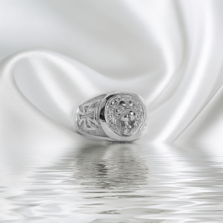 Sterling Silver Lion Face with Perronnee Cross Band Ring