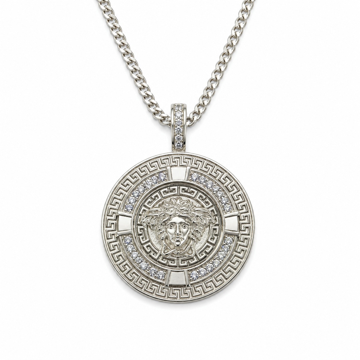 Sterling silver Greek Key Medusa pendant with purple CZ stones and chain