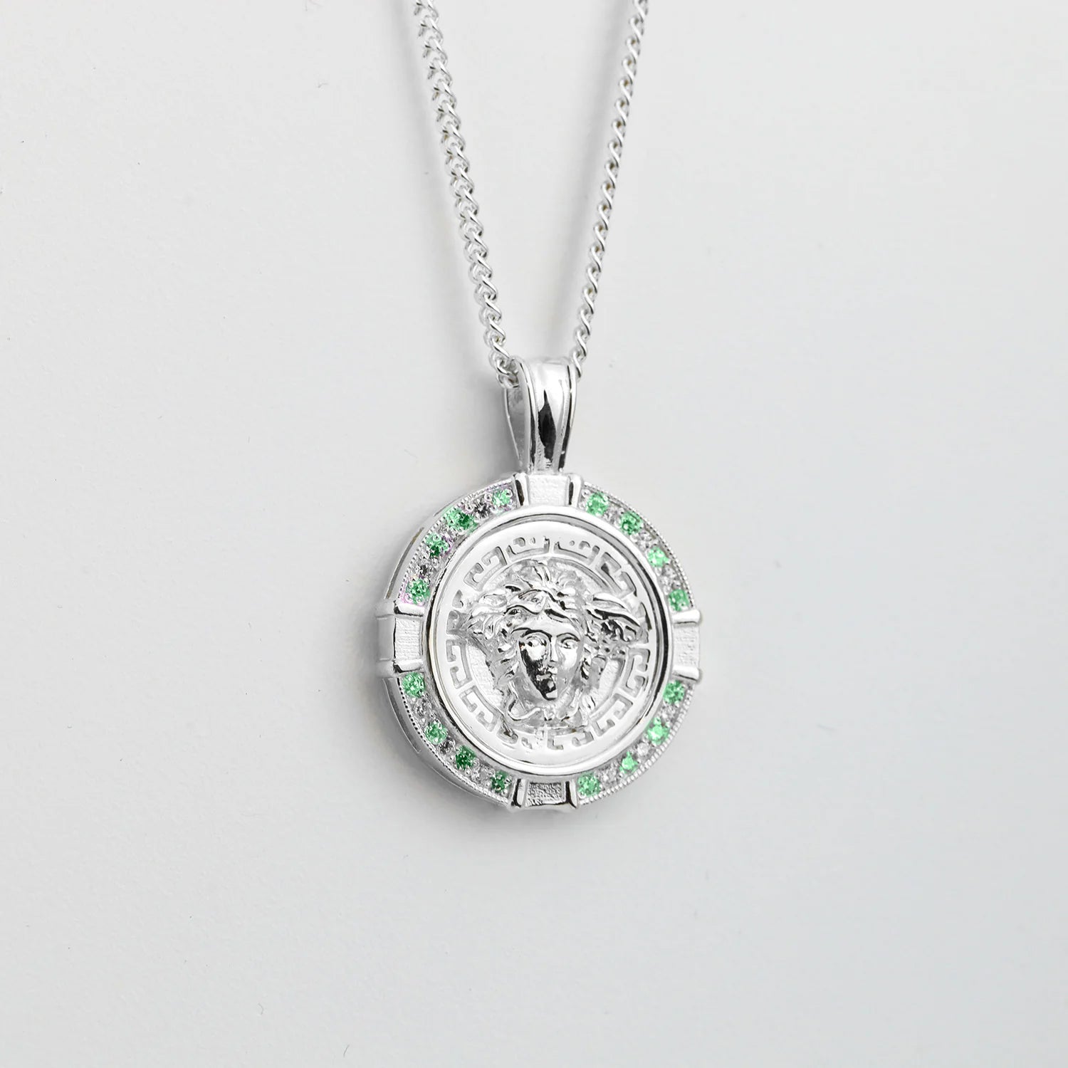 Sterling Silver Green CZ Frame Medusa Pendant + Chain (combo)