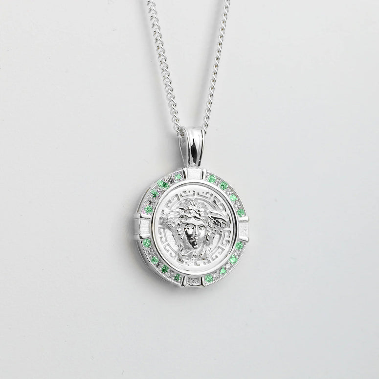 Sterling Silver Green CZ Frame Medusa Pendant + Chain (combo)