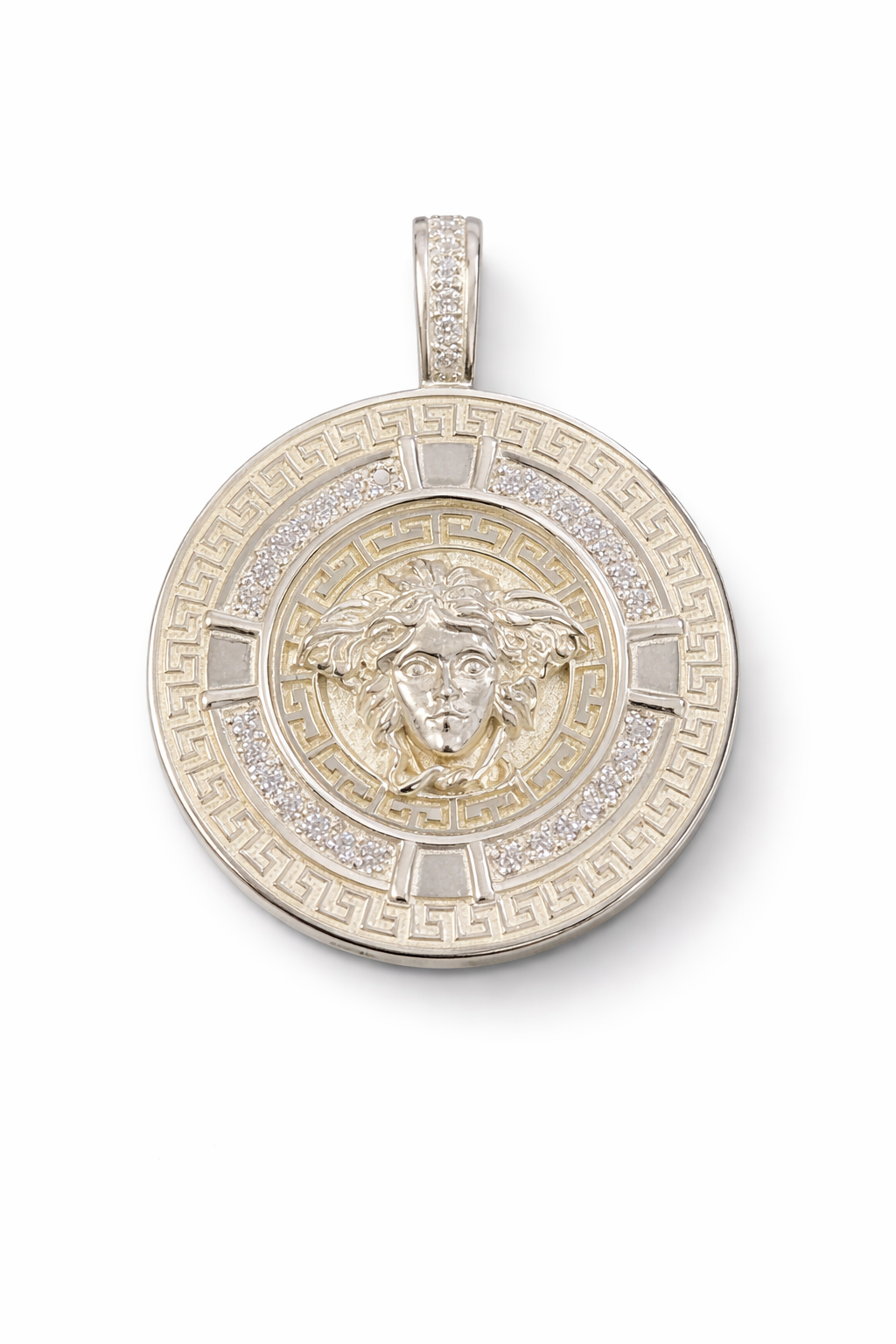 Greek Key Mythology Medusa Big Pendant White CZ Stones + Sterling Silver Chain