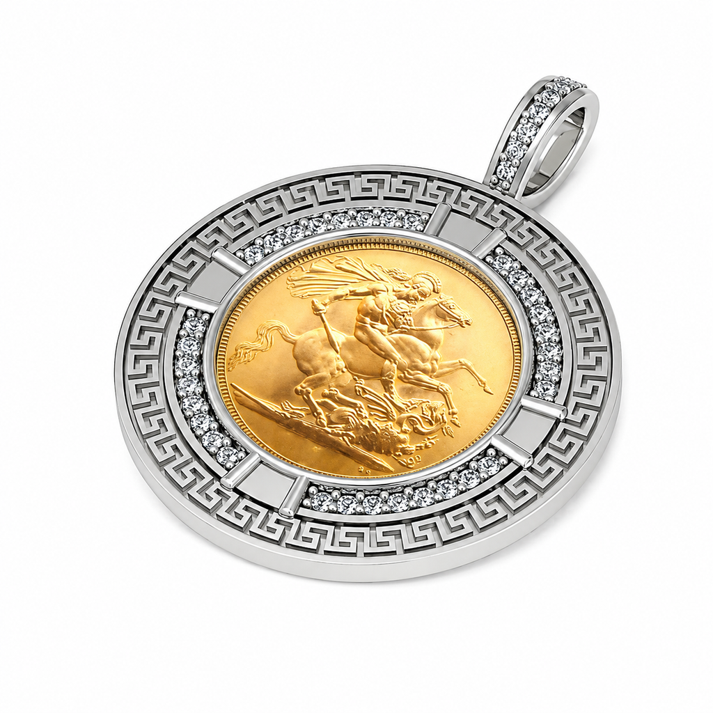 Half Sovereign Greek Key Silver Pendant + Chain
