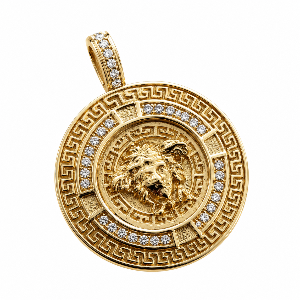 9ct Gold Diamond Medusa Pendant with Greek Key Boarder