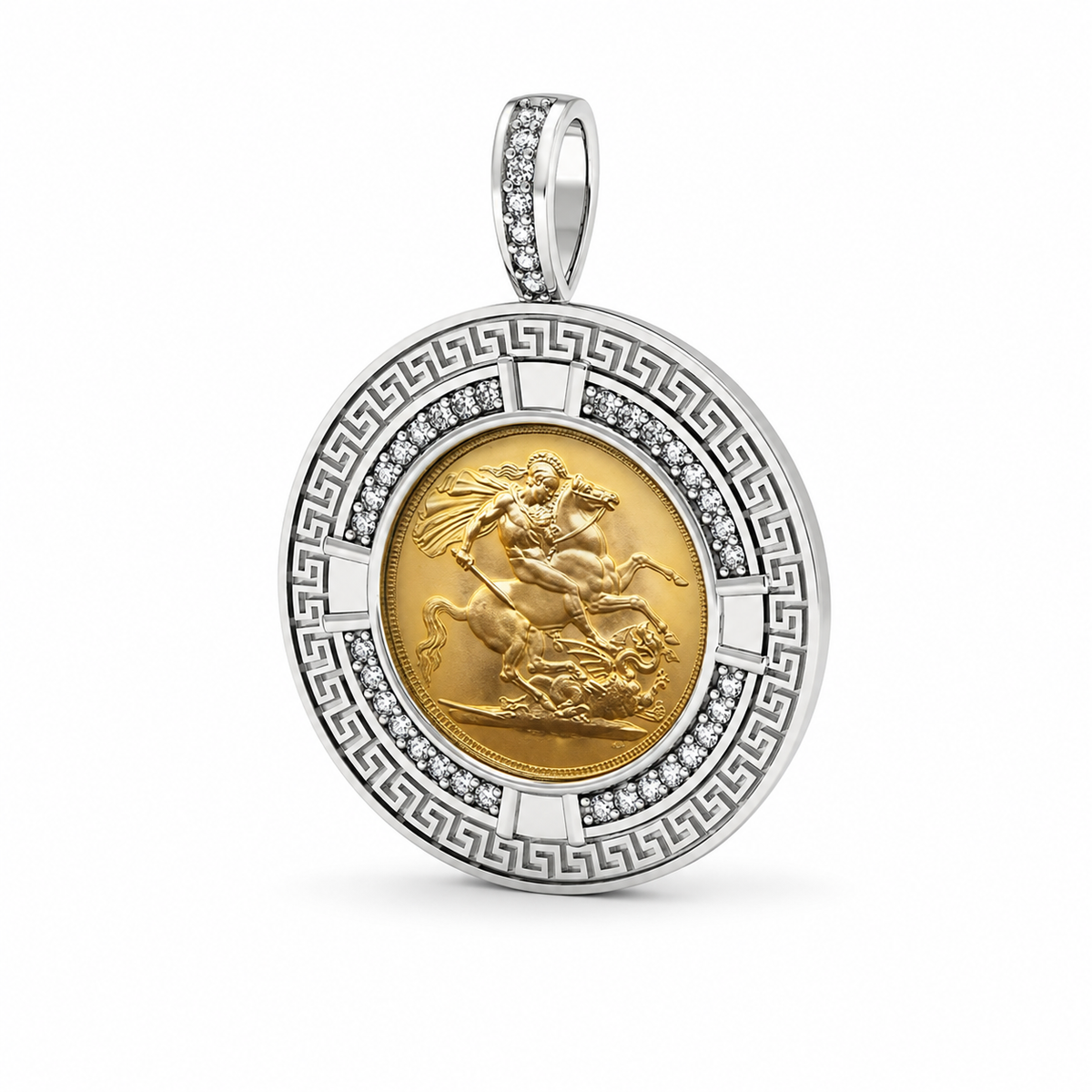 Half Sovereign Greek Key Silver Pendant + Chain