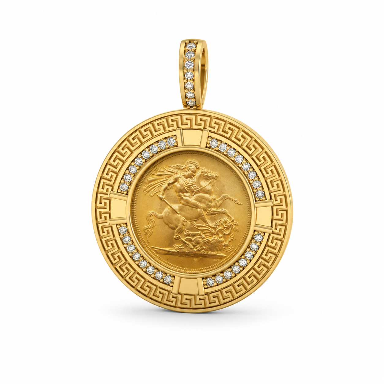 9ct Gold Full Sovereign Diamond Greek Key Frame Pendant