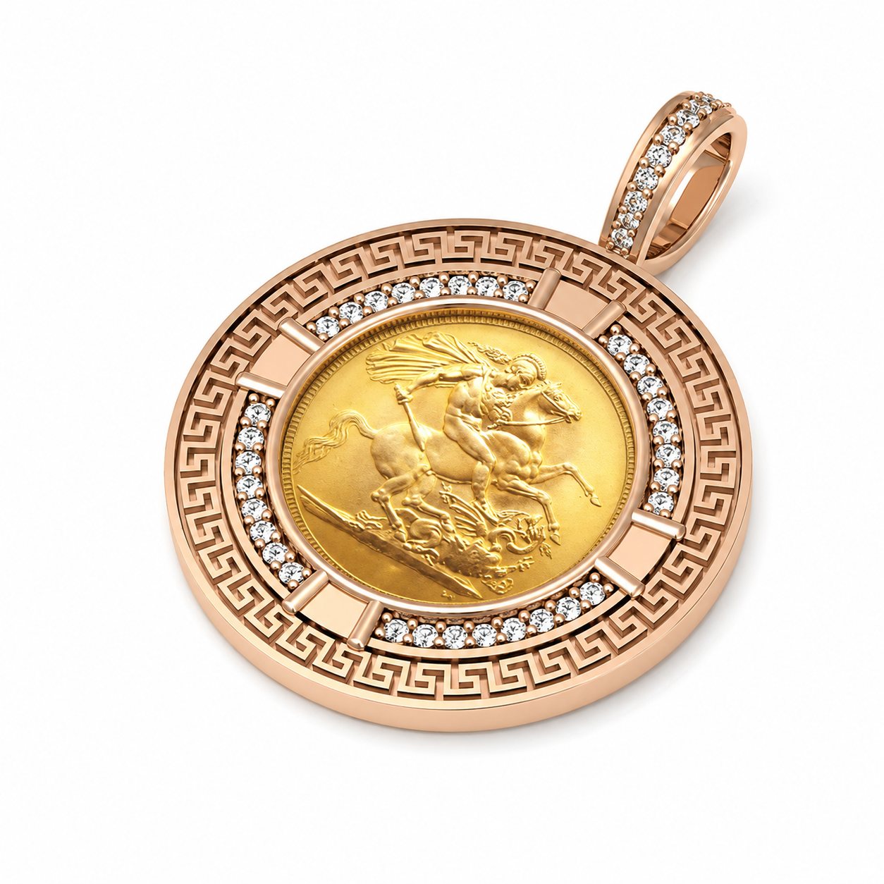 9ct Gold Full Sovereign Diamond Greek Key Frame Pendant