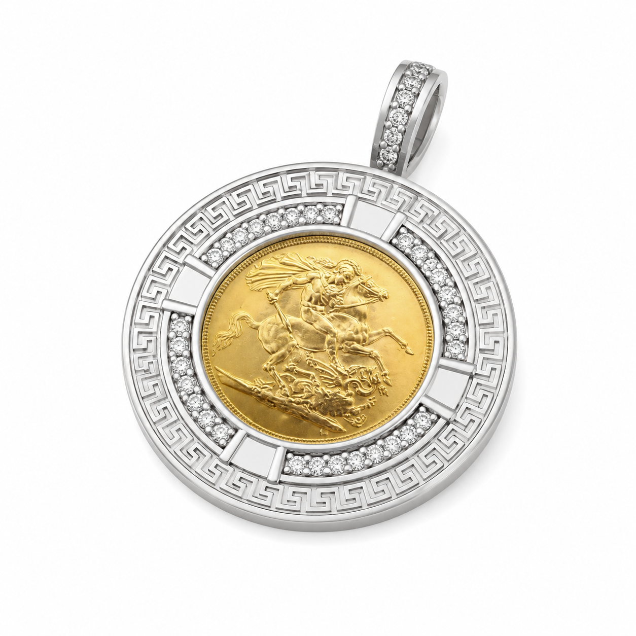 9ct Gold Full Sovereign Diamond Greek Key Frame Pendant