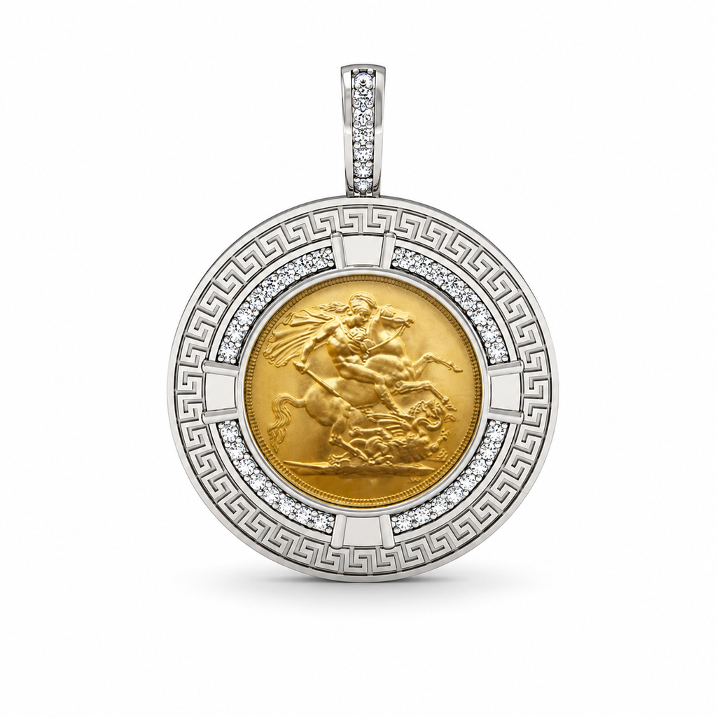 Half Sovereign Greek Key Silver Pendant + Chain