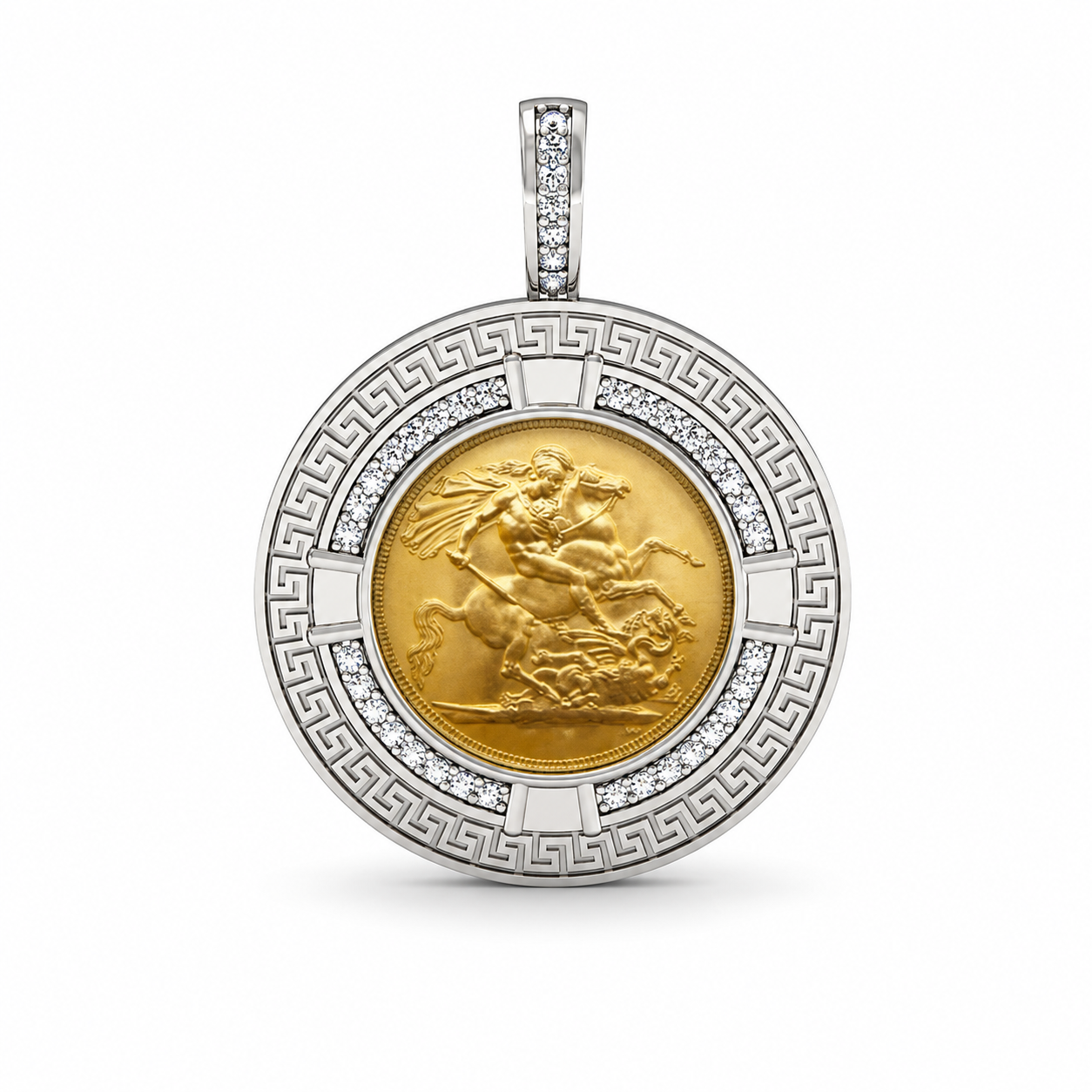 Half Sovereign Greek Key Silver Pendant + Chain