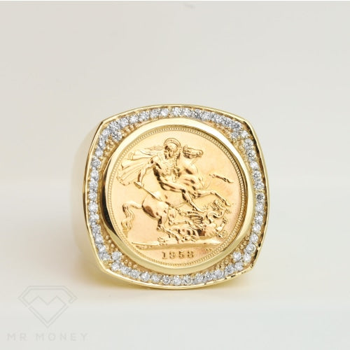 9Ct Gold Soft Square Full Sovereign Custom Diamond Ring Rings