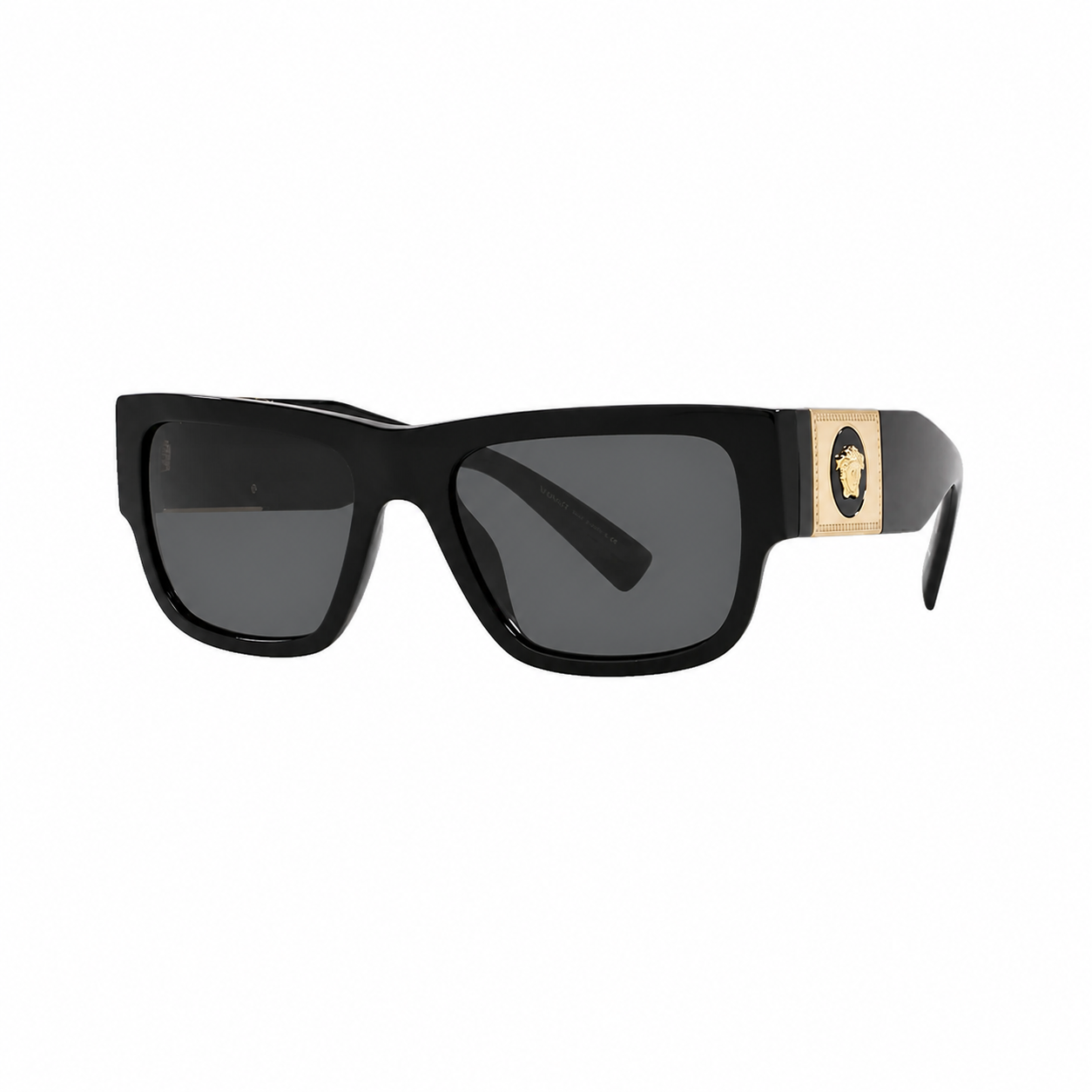 Versace Square Locks sunglasses in black with gold hardware, clean front view on white
