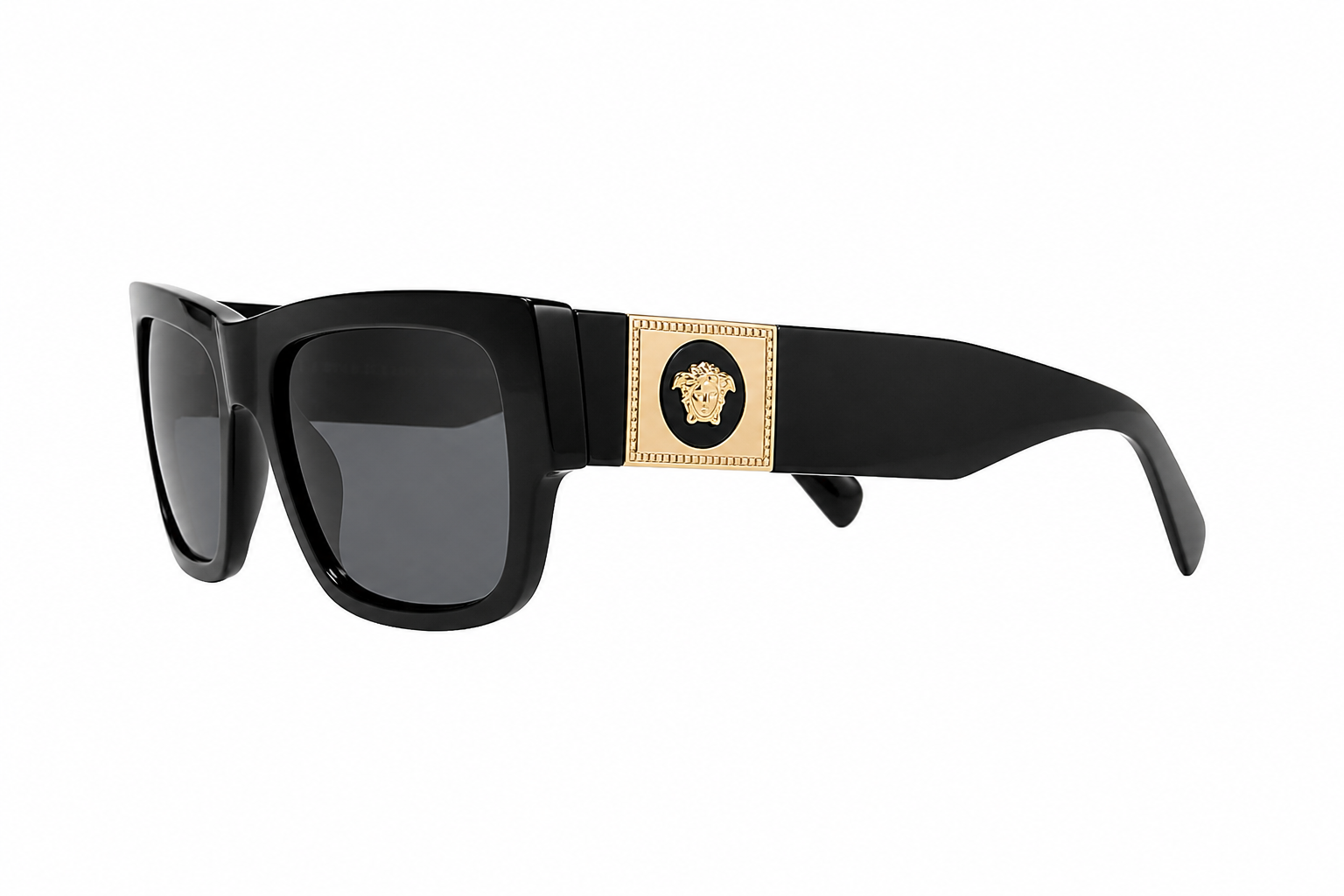 Versace Square Locks sunglasses in black with gold hardware, right-side profile
