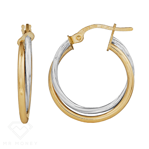 9Ct White & Yellow Gold Twist Round Plain Hoop Earrings 2 X 15Mm