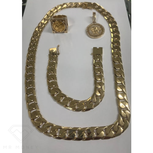 9Ct Big Boss Cuban Link Gold Chain + Matching Bracelet Necklaces