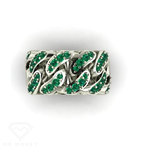 Cuban Link 9Ct White Gold & Emerald Ring