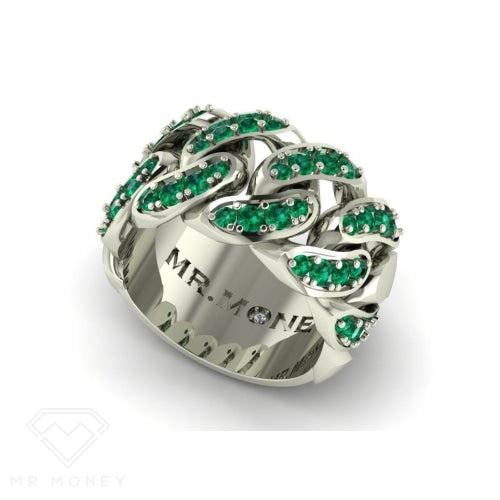 Cuban Link 9Ct White Gold & Emerald Ring