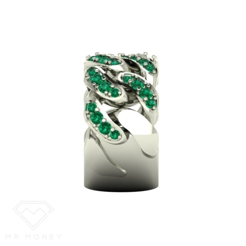 Cuban Link 9Ct White Gold & Emerald Ring