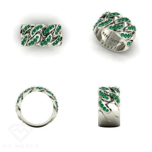 Cuban Link 9Ct White Gold & Emerald Ring