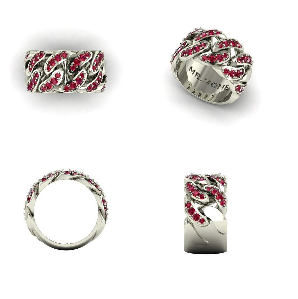 Cuban Link 9ct White Gold & Ruby Ring