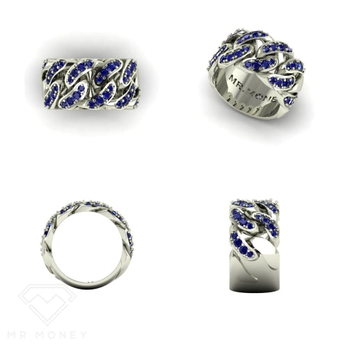 Cuban Link 9Ct White Gold & Sapphire Ring