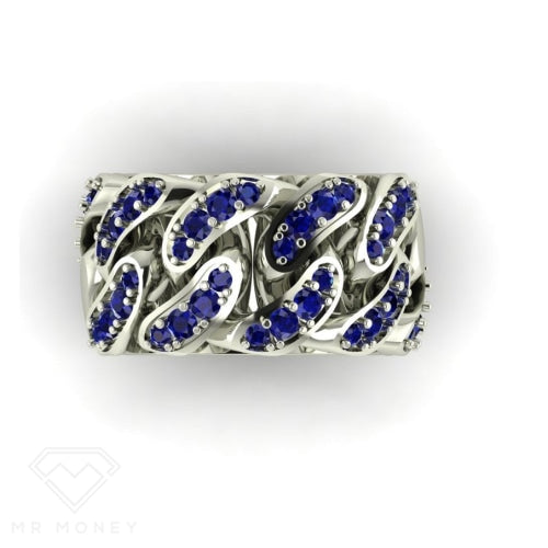 Cuban Link 9Ct White Gold & Sapphire Ring