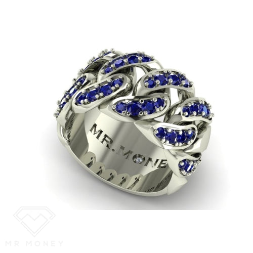 Cuban Link 9Ct White Gold & Sapphire Ring