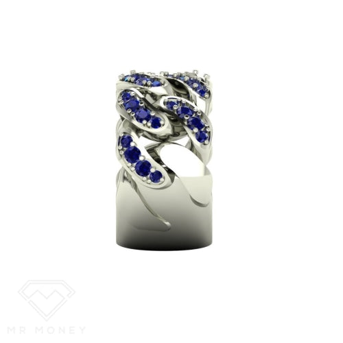 Cuban Link 9Ct White Gold & Sapphire Ring