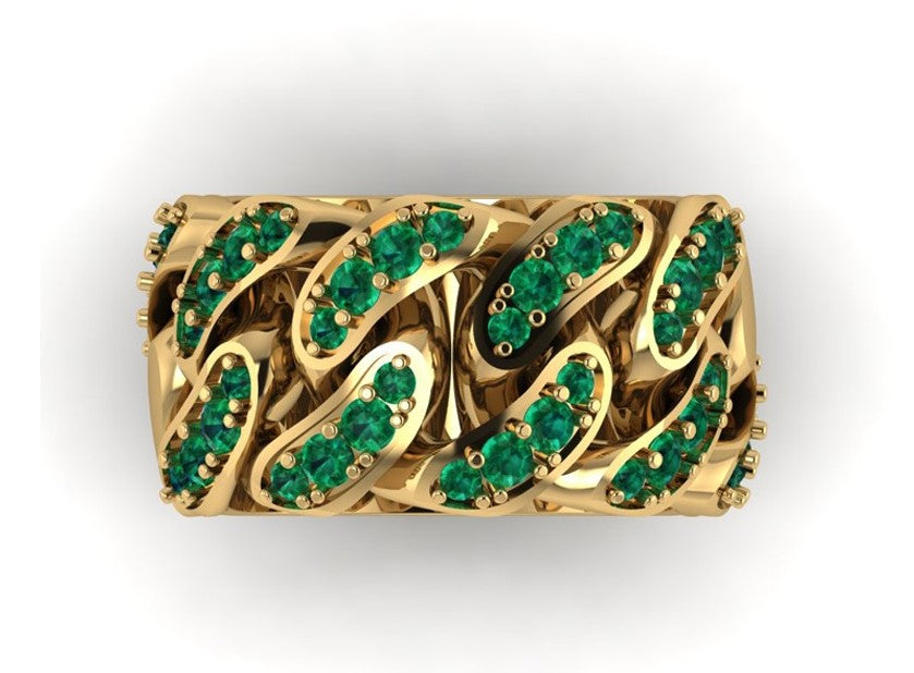Cuban Link 9ct Yellow Gold & Emerald Ring