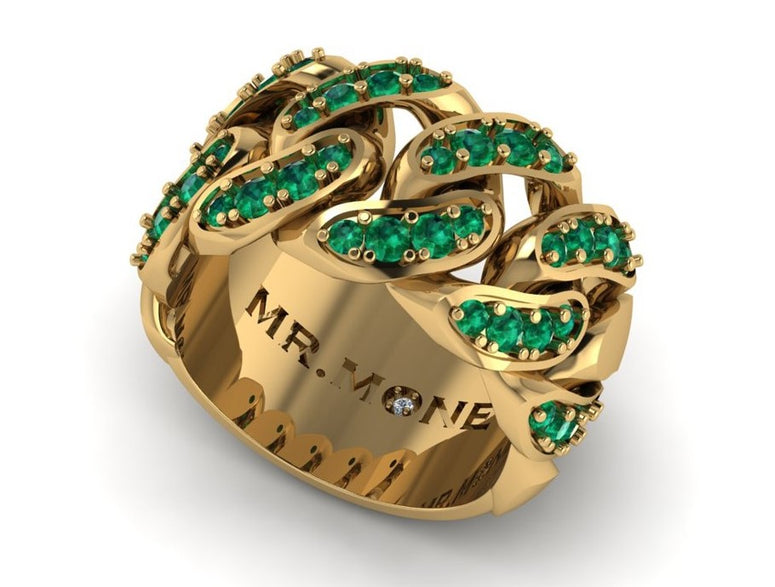 Cuban Link 9ct Yellow Gold & Emerald Ring