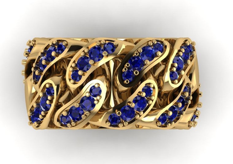Cuban Link 9ct Yellow Gold & Sapphire Ring