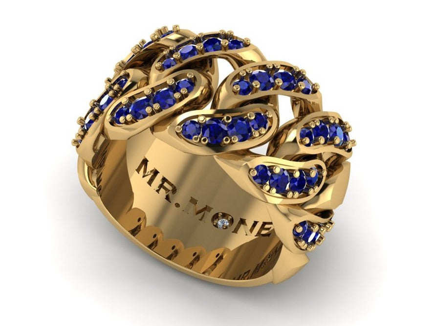 Cuban Link 9ct Yellow Gold & Sapphire Ring