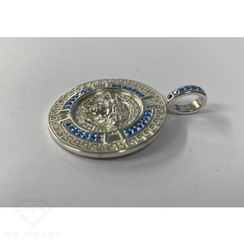 Greek Key Medusa Pendant Baby Blue Cz Stones + Sterling Silver Chain Charms & Pendants
