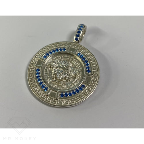 Greek Key Medusa Pendant Baby Blue Cz Stones + Sterling Silver Chain Charms & Pendants