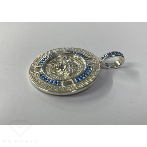 Greek Key Medusa Pendant Blue Cz Stones + Sterling Silver Chain Charms & Pendants