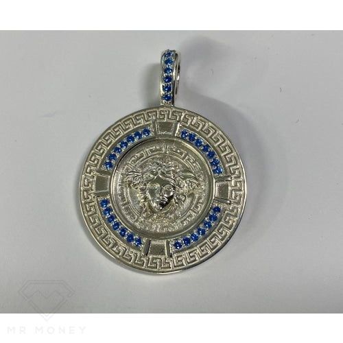 Greek Key Medusa Pendant Blue Cz Stones + Sterling Silver Chain Charms & Pendants