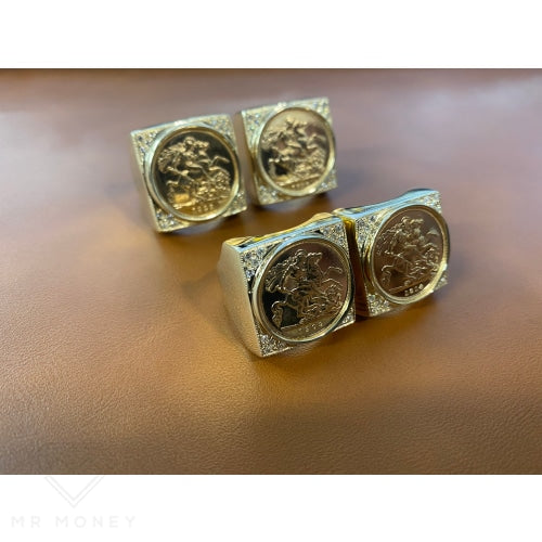 9Ct Gold And Diamond Square Mount Full Sovereign Ring Rings