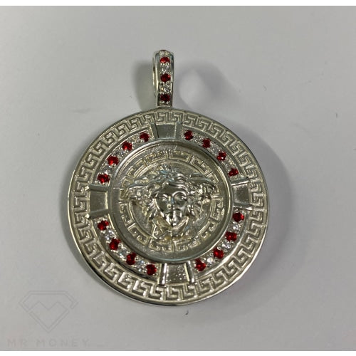 Greek Key Medusa Pendant Red Cz Stones + Sterling Silver Chain Charms & Pendants