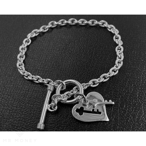 Sterling Silver T-Bar Heart Key Bracelet 7.5 19.05Cm