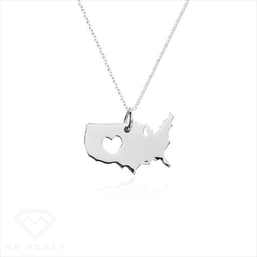Sterling Silver Usa Heart Map Of Love Necklace