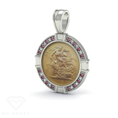Sterling Silver Red Cz Half Sovereign Pendant + Chain Pendant