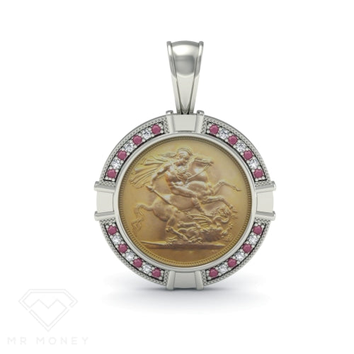 Sterling Silver Red Cz Half Sovereign Pendant + Chain Pendant