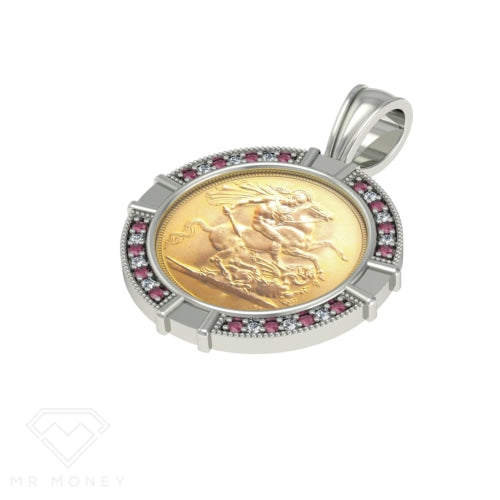 Sterling Silver Red Cz Half Sovereign Pendant + Chain Pendant