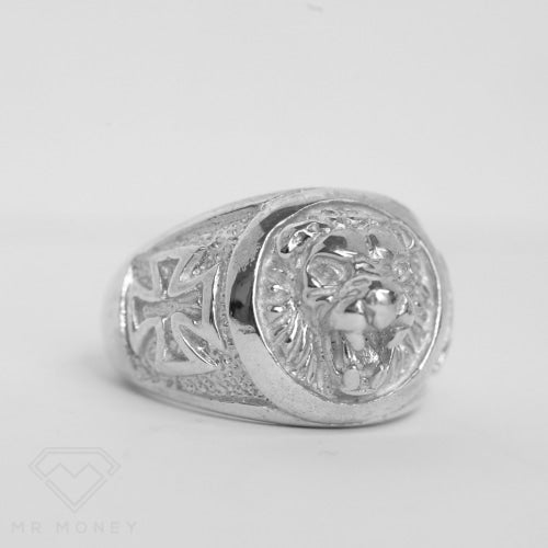 Sterling Silver Lion Face With Perronnee Cross Band Ring Rings