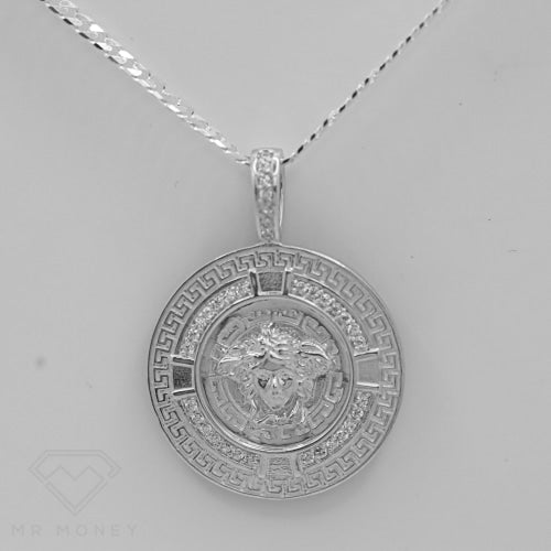 Greek Key Medusa Big Pendant White Cz Stones + Sterling Silver Chain Charms & Pendants