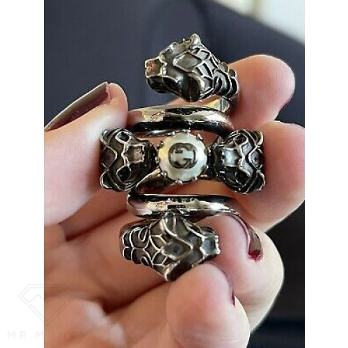 Gucci Pearl Tiger Heads Double Wrap Ring Silver Rings