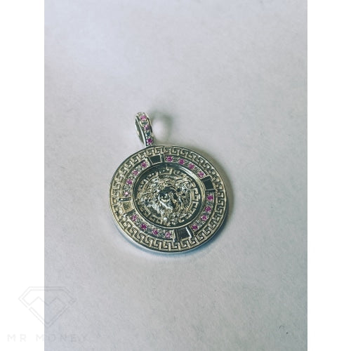 Greek Key Medusa Pendant Pink Cz Stones + Sterling Silver Chain Charms & Pendants